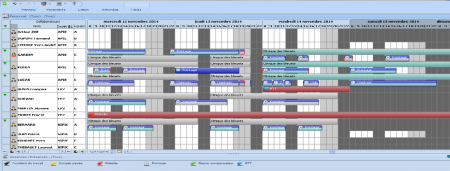 Planning des ressources humaines :congés et RTT,  affectations aux missions et aux sites clients (gris) comparés aux temps de réalisation (bleus)