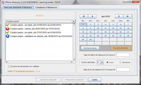 Interface utilisateur du module VPtime-Absences, avec le status des demandes effectuées